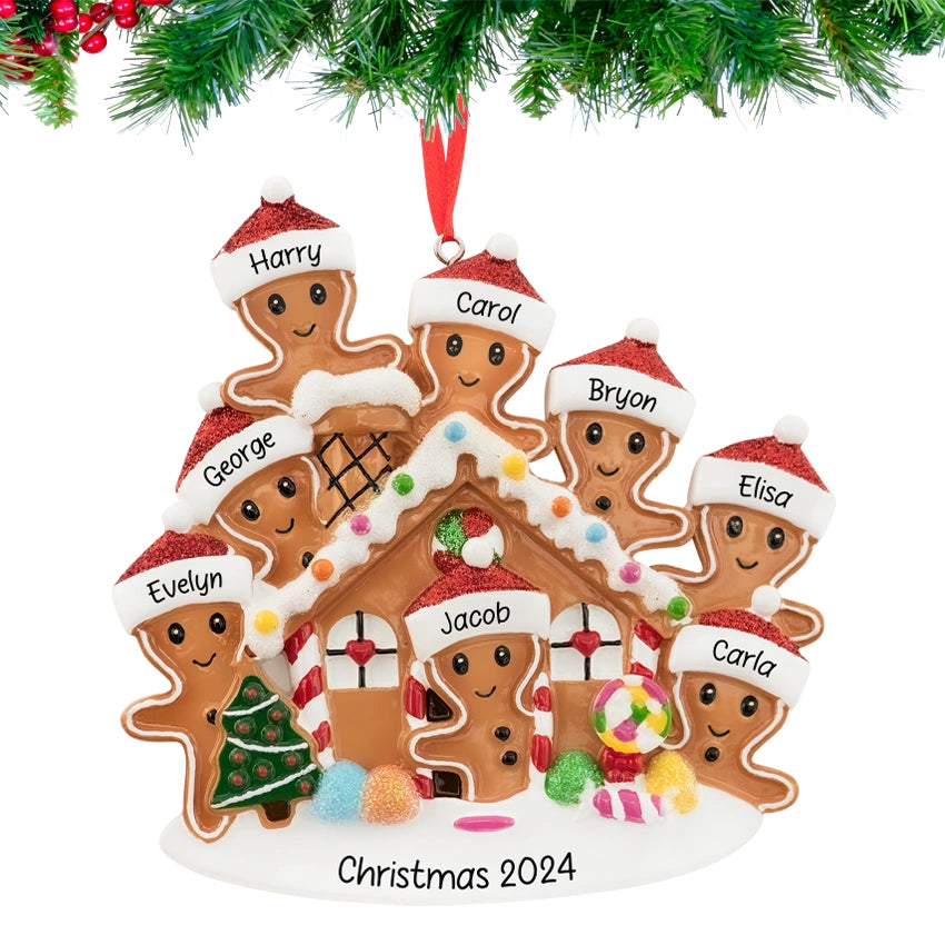 Personalized Gingerbread House Family of 8 Christmas Ornament