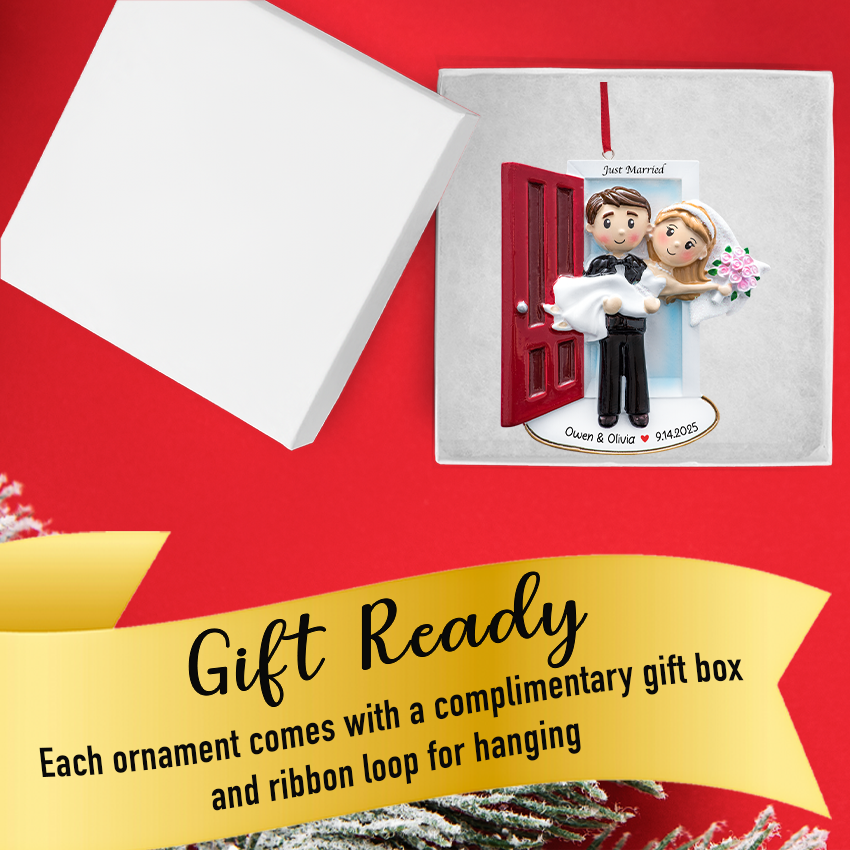 Personalized Our First Christmas Married Ornament - Wedding Couple on Threshold