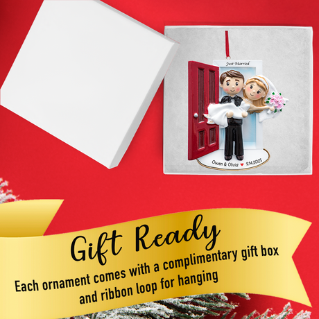 Personalized Our First Christmas Married Ornament - Wedding Couple on Threshold