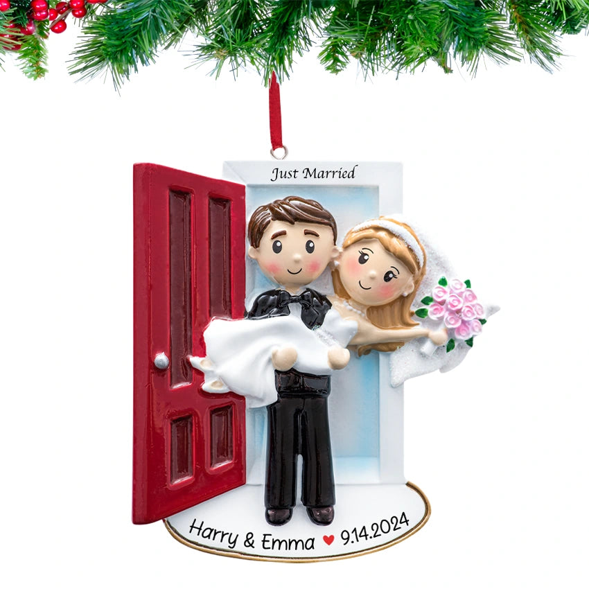 Personalized Our First Christmas Married Ornament - Wedding Couple on Threshold