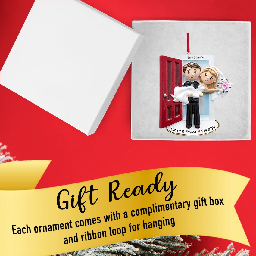 Personalized Our First Christmas Married Ornament - Wedding Couple on Threshold