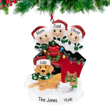 Personalized Christmas ornament with family of 3 and a dog, decorated with Santa hats and a wreath.