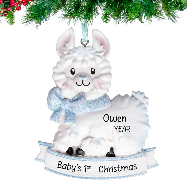 Round ornament with cute baby sheep design, personalized with baby boy’s name and year.