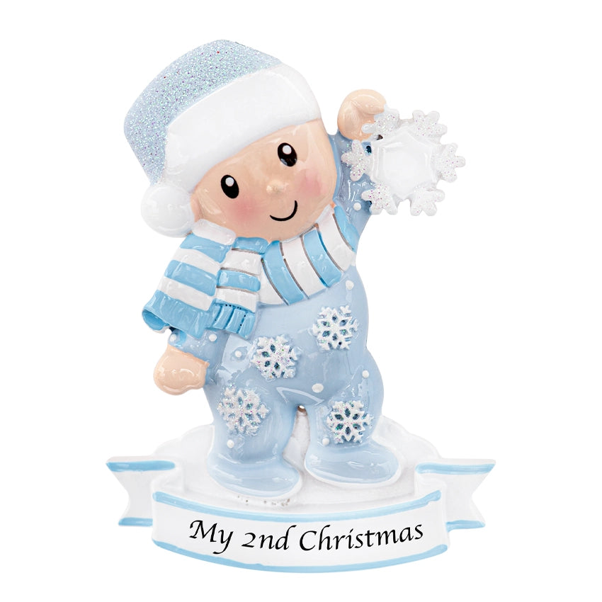 Personalized Baby's Second Christmas Ornament - Baby Boy Holding Snowflake