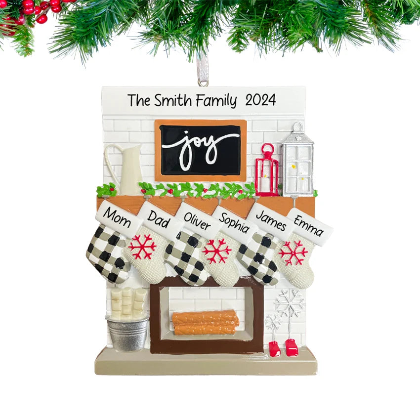 Personalized Fireplace Mantel Family of 6 Christmas Ornament