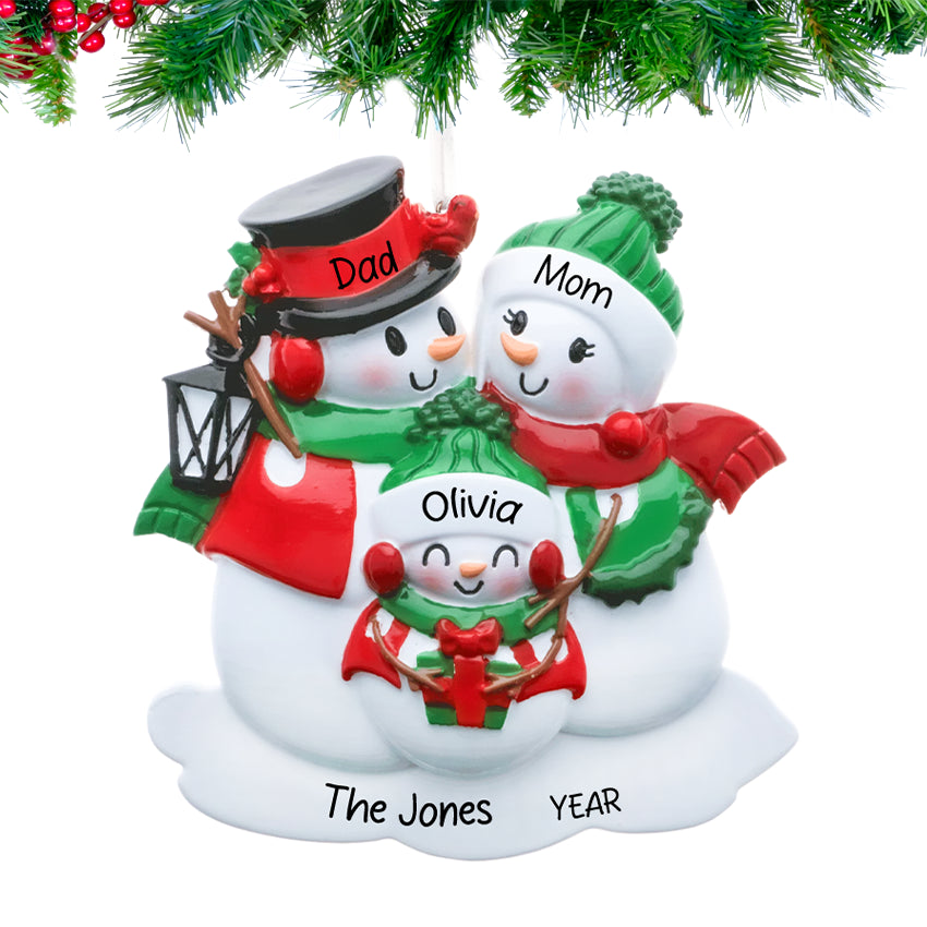 Personalized Lantern Snowman Family of 3 Christmas Ornament