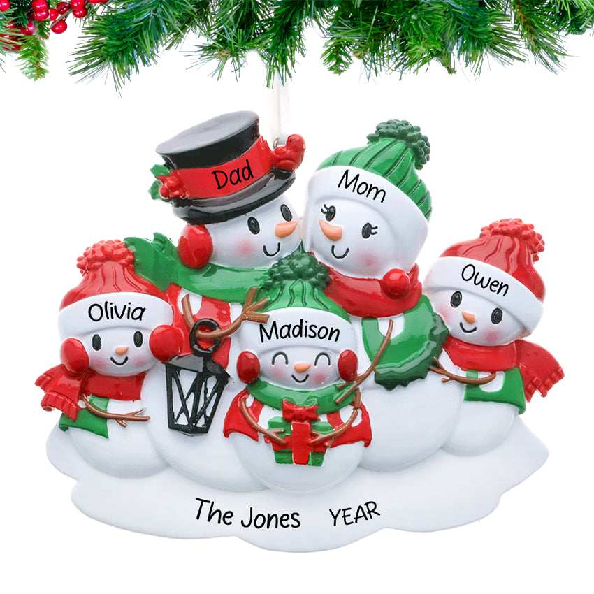 Personalized Lantern Snowman Family of 5 Christmas Ornament