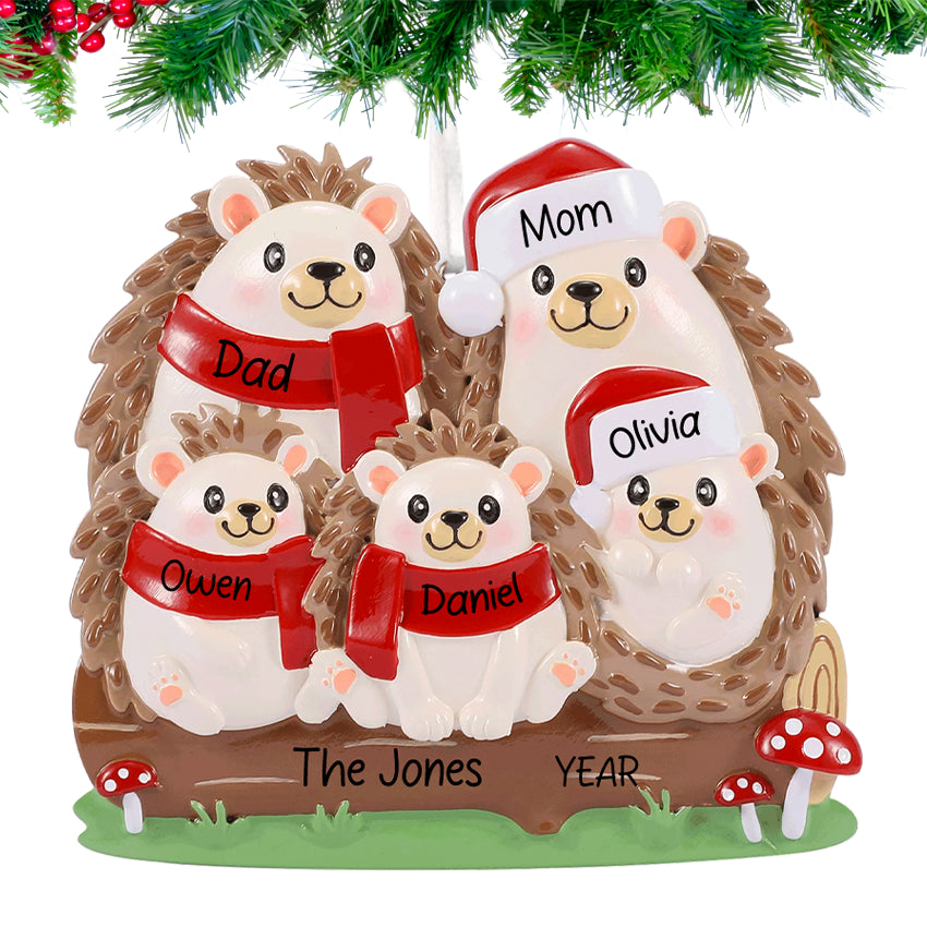 Personalized Hedgehog Family of 5 People Christmas Ornament