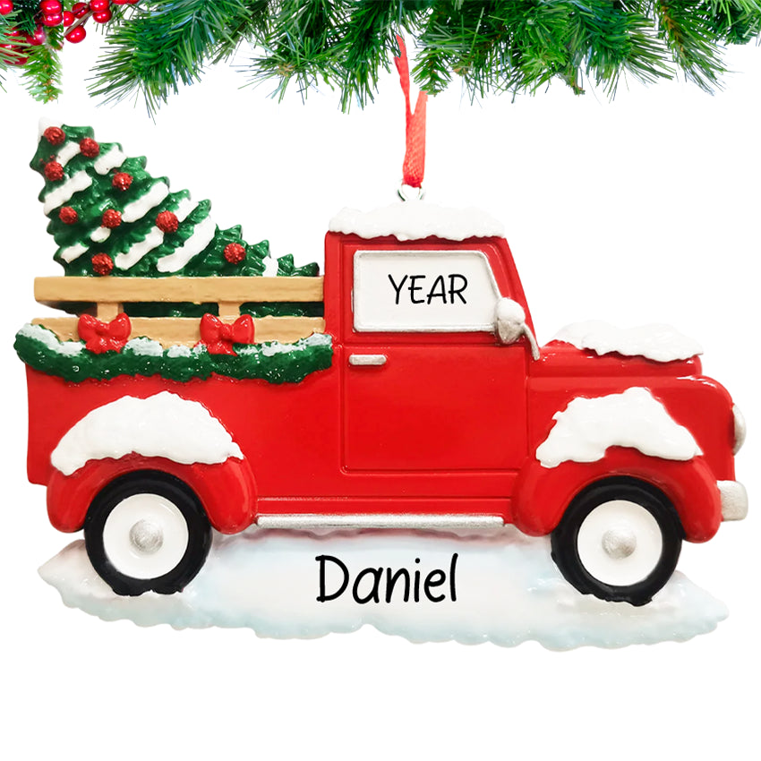 Hand‑lettered name and year on Personalized Red Christmas Truck Ornament
