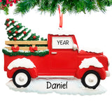 Hand‑lettered name and year on Personalized Red Christmas Truck Ornament