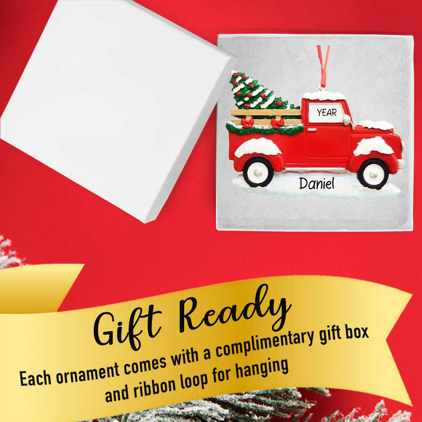 Gift‑ready box displaying Personalized Red Christmas Truck Ornament with hanging ribbon.