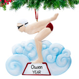 Personalized swimming boy ornament mid‑stroke with hand‑lettered name and 2025 tag