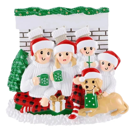 Personalized Fireplace Family of 4 with Dog Christmas Ornament