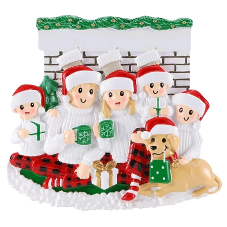 Personalized Fireplace Family of 5 with Dog Christmas Ornament