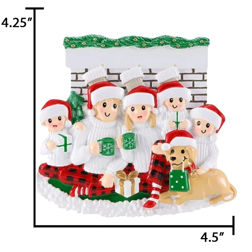Personalized Fireplace Family of 5 with Dog Christmas Ornament
