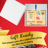 Personalized ornament with travel stamps on a red background, accompanied by a gift box and ribbon.