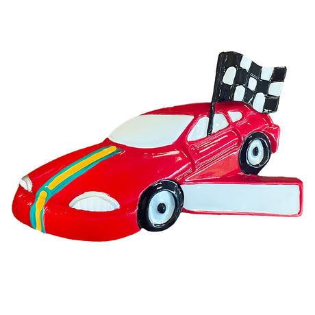 Close‑up of racing stripes and spoiler detail on custom race car ornament