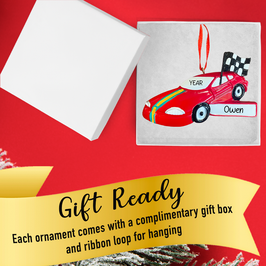 Gift‑ready box displaying Personalized Race Car Christmas Ornament with hanging ribbon.