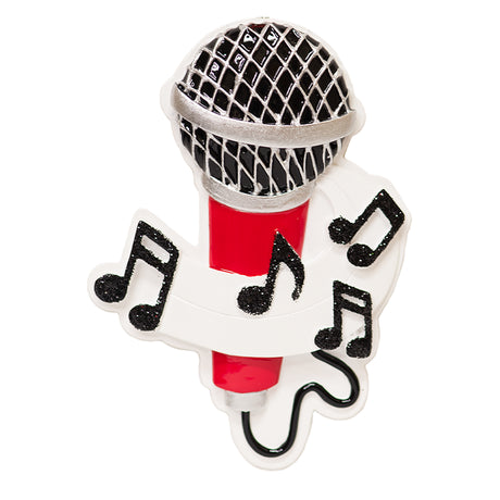 Decorative microphone with red body and black musical notes on a white background