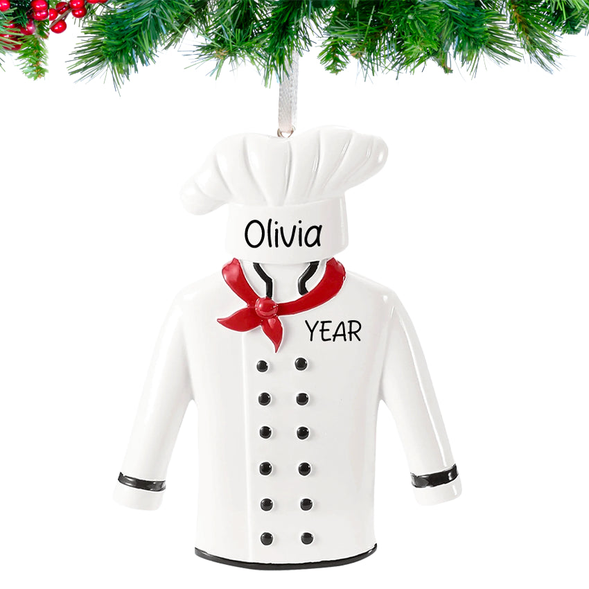 Personalized chef's coat ornament with name 'Olivia' and year on a white background.