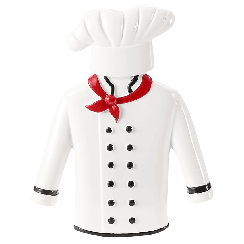 Ornament of a chef wearing a white coat with black buttons, red bow tie, and white hat on a white background.