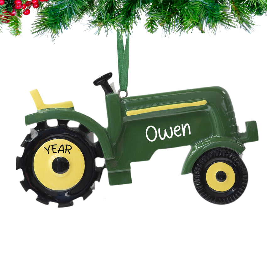 Personalized green farm tractor Christmas ornament with custom name and year