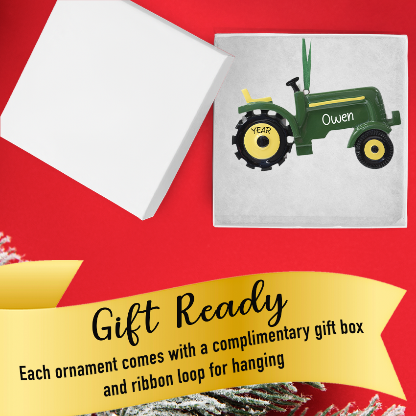 Custom  tractor Christmas ornament with custom name and year in a gift box