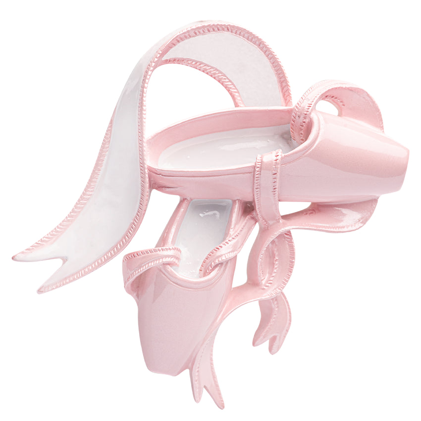 Close‑up of pink satin slipper Christmas ornament without names & year