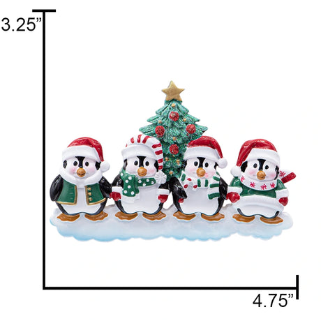 Gift box displaying personalized penguin family-of-4 ornament with festive ribbon.
