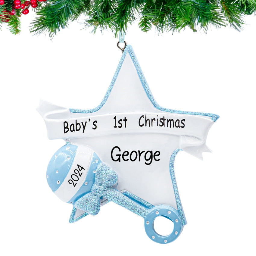 Personalized Baby's First Christmas Ornament - Baby Boy Rattle Ornament