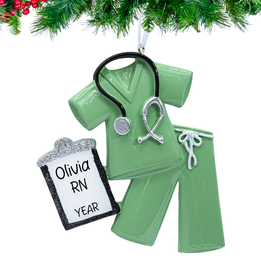 Hand‑lettered name and year on Personalized Nurse Green Scrubs Christmas RN Ornament.