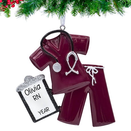 Hand‑lettered name and year on Personalized Burgundy Scrubs Christmas Ornament
