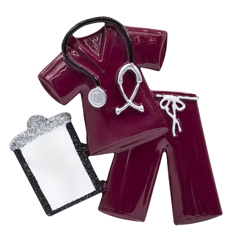 Close‑up of stethoscope detail on custom burgundy scrubs ornament
