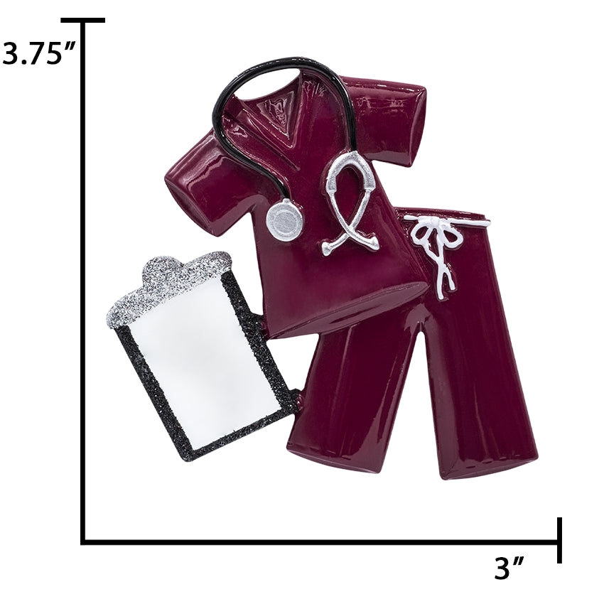 Scale reference: 4‑inch burgundy scrubs ornament held in hand