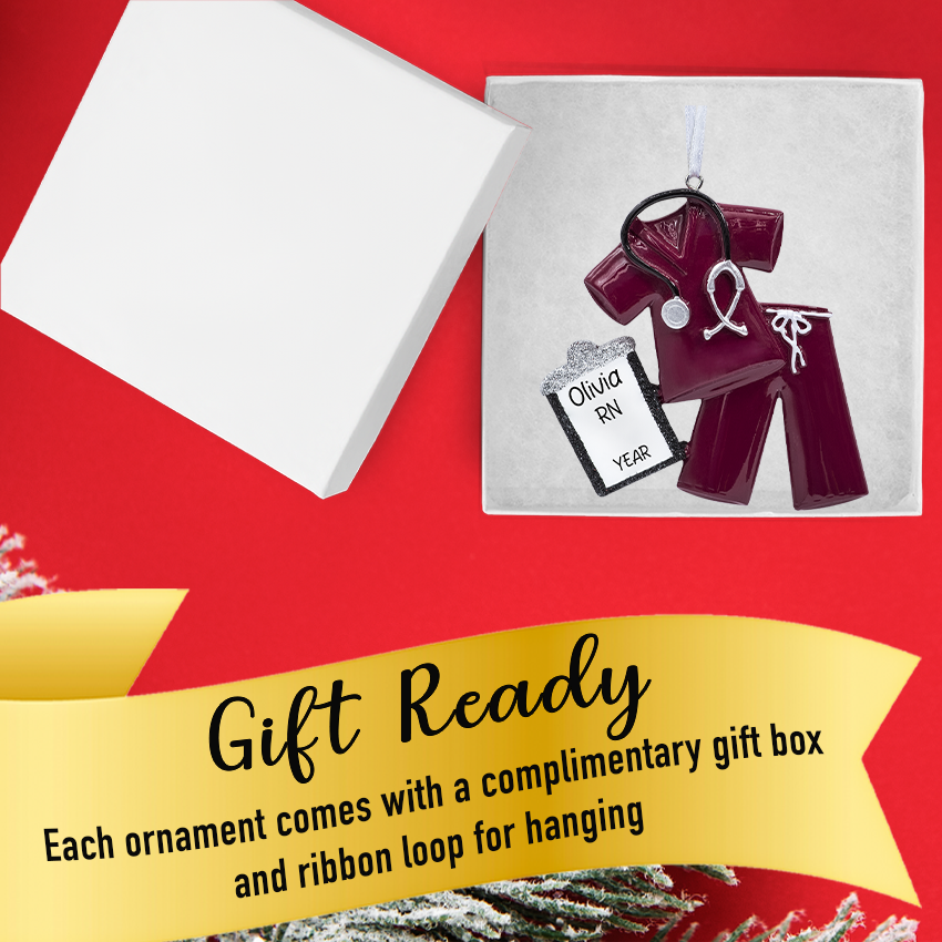 Gift‑ready box displaying Personalized Burgundy Scrubs Christmas Ornament with ribbon