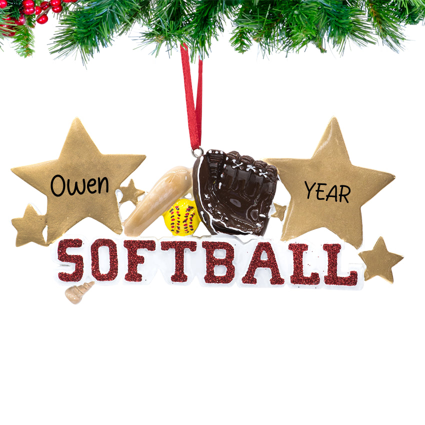 Personalized softball ornament with hand‑lettered name, year tag, and crossed bats
