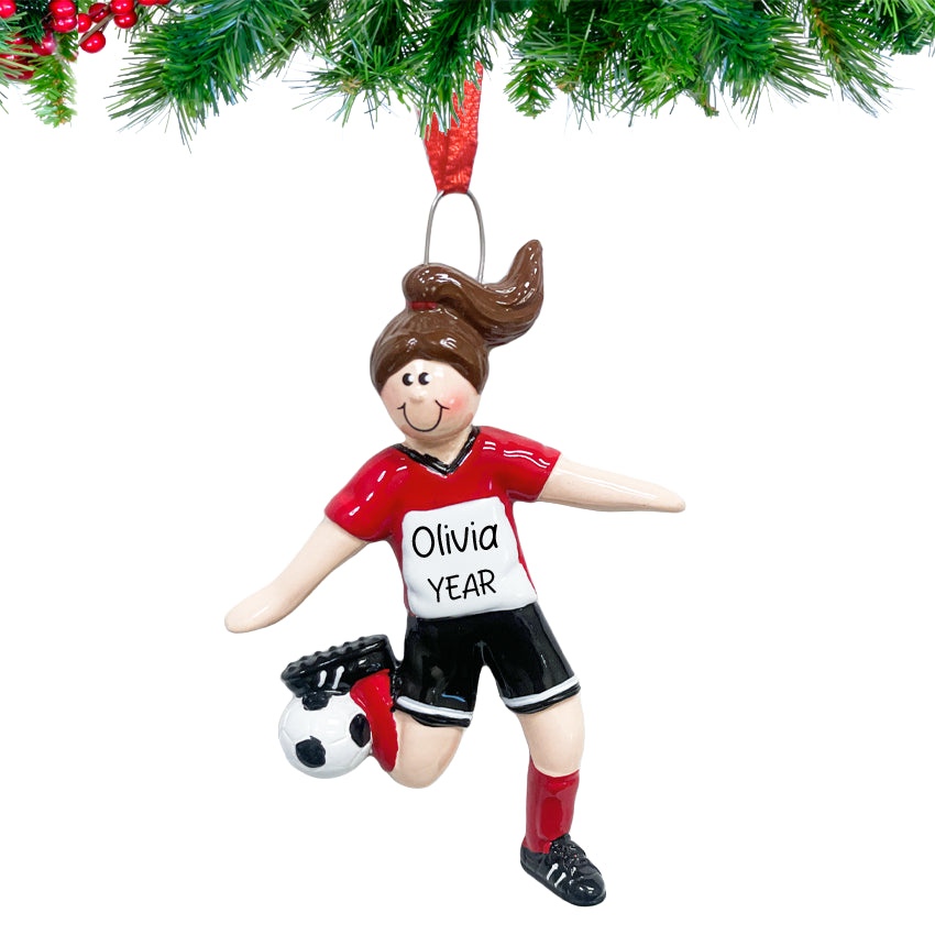 Personalized Soccer Player Girl Kicking the Ball Christmas Ornament