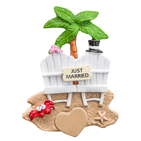 Personalized Just Married Couple on Beach Christmas Ornament