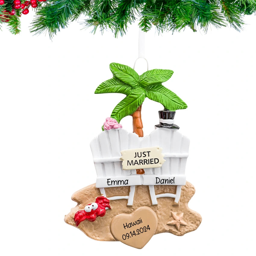 Personalized Just Married Couple on Beach Christmas Ornament