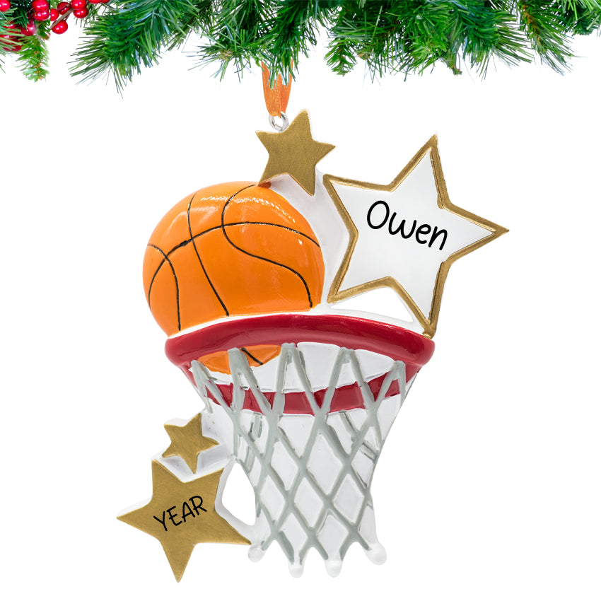 Personalized Basket Hoop Christmas Ornament Ball with Gold Stars