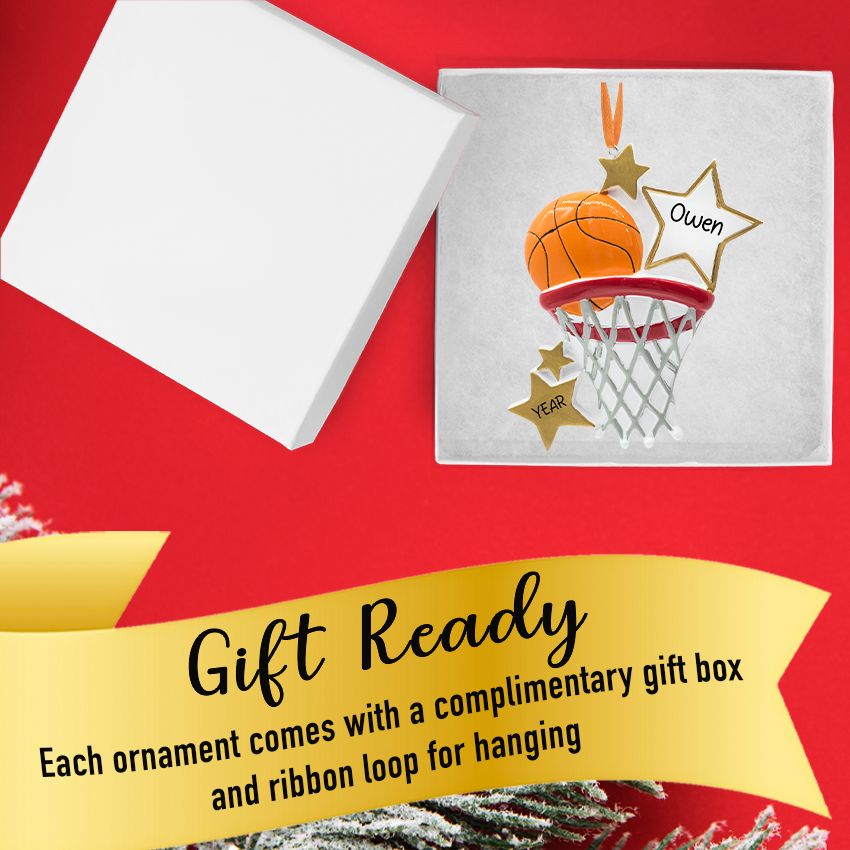 Personalized Basket Hoop Christmas Ornament Ball with Gold Stars