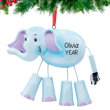 Gray baby elephant ornament with t, name and year hand‑lettered