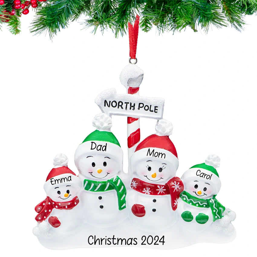 Personalized Snowman Family of 4 Christmas Tree Ornament