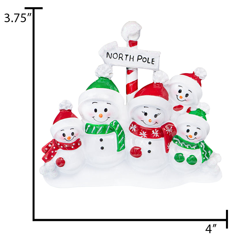 Personalized Snowman Family of 5 Christmas Tree Ornament
