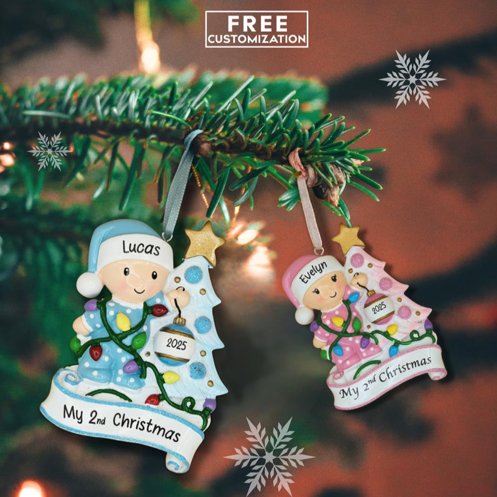Baby Second Christmas Ornaments hanging on Christmas Tree