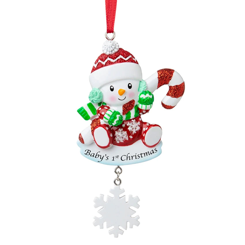 Baby's first Christmas snowbaby ornament personalized with custom details, a delightful keepsake for celebrating a memorable first holiday season.