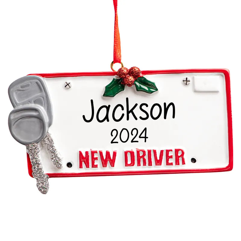 Christmas ornament featuring a personalized driver's license design with custom name, perfect for commemorating a new driver's milestone during the holidays.
