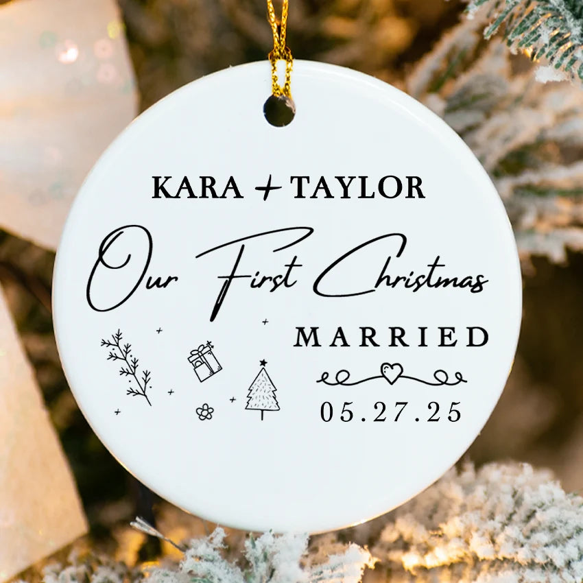 Custom Ceramic Married Ornament with sprig line border and personalized surname 2025