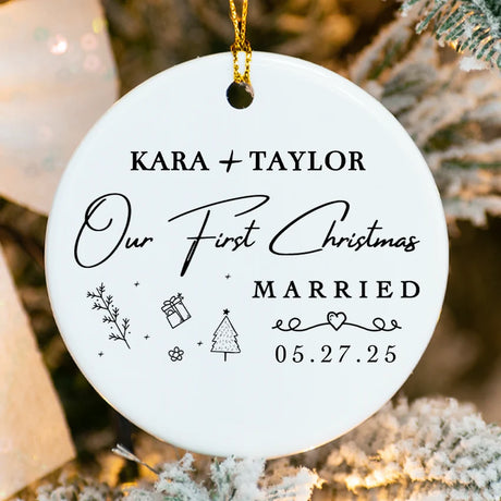 Custom Ceramic Married Ornament with sprig line border and personalized surname 2025