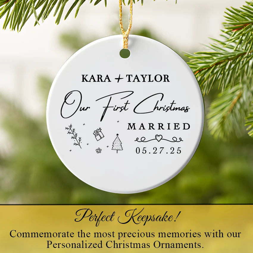 Ceramic married ornament hanging on a Christmas tree branch lit with fairy lights